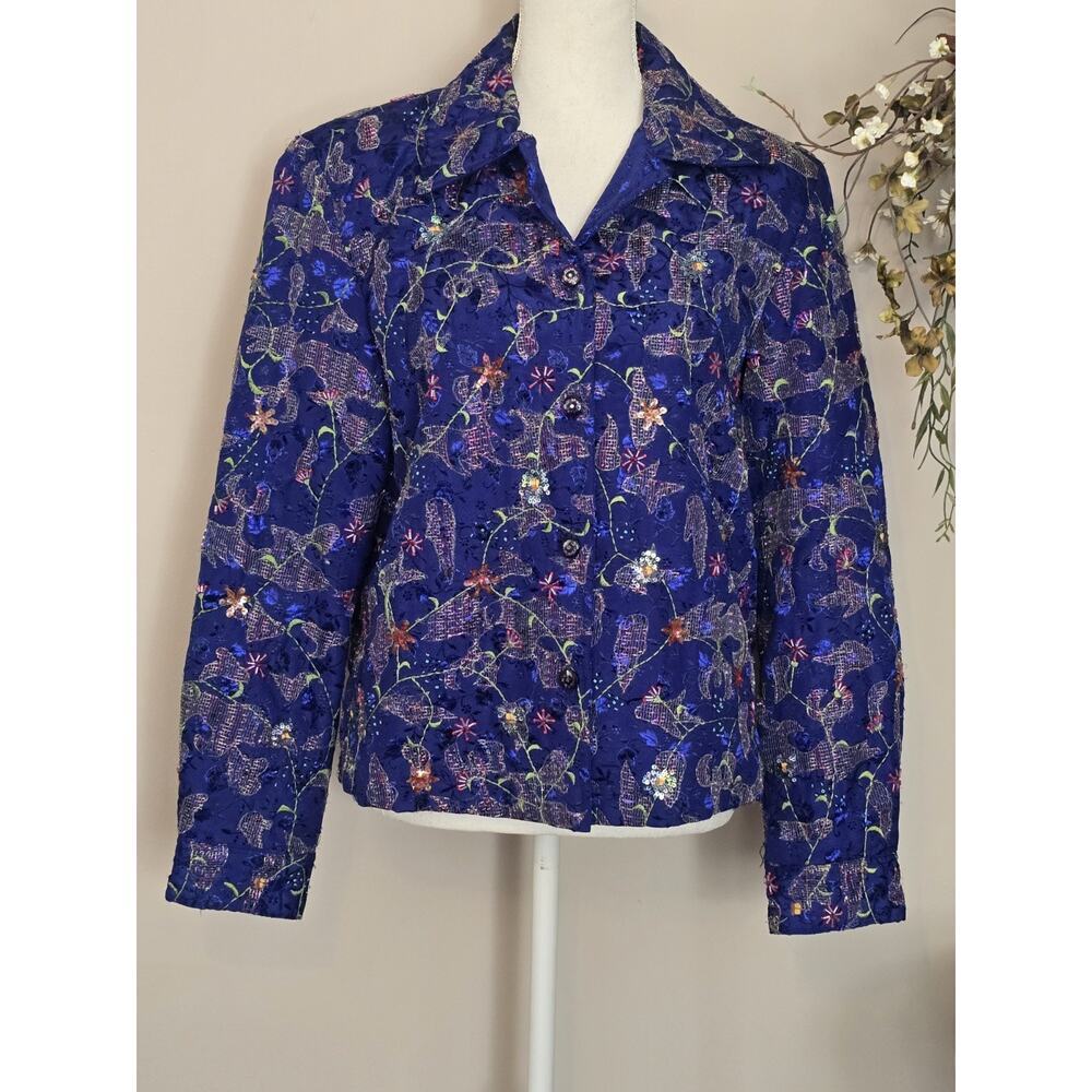Sandy Starkman Quilted Embroidered Jacket Blue Sequin Boho Artsy Size Medium